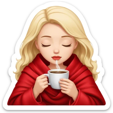 girl inside a red blanket sipping coffee eyes closed sticker