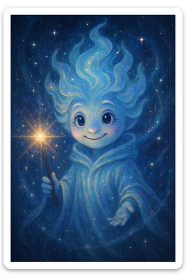 magical AI that grants wishes, sparkling and glowing elements, friendly face, holding a wand, fantasy design sticker