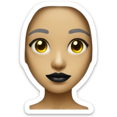 Create creature similar to human with red skin, black long hair, yellow eyes (black white of the eye), in black lather dress, black lips sticker