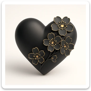 pink heart with sakura flowers, 3D black style sticker