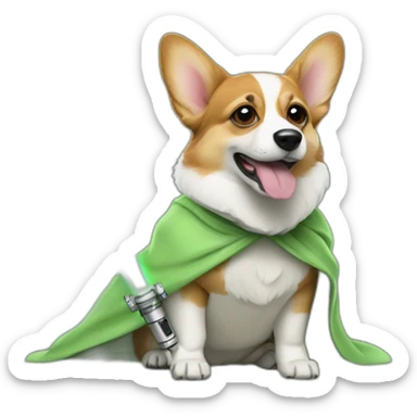 Corgi dress as yoda with one light saber green sticker