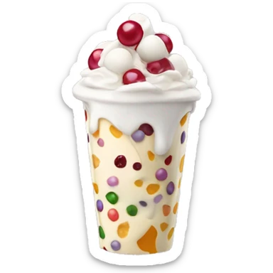 Frozen yogurt cup with popping boba pearls and cheesecake squares sticker