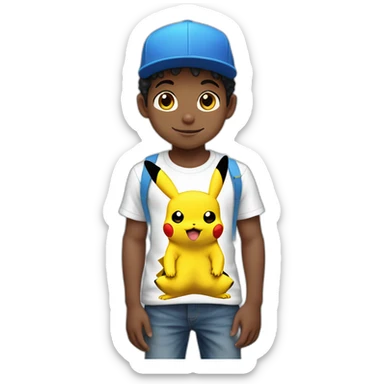 Niño negro Pikachu con camiseta azul claro gorra blanca sticker