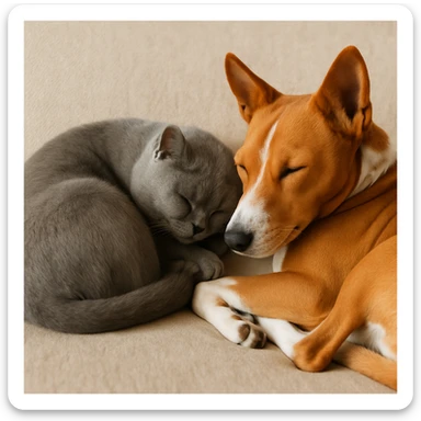 A gray British Shorthair cat curled up and sleeping next to a red Basenji dog sticker