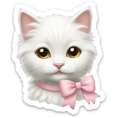 Cute fluffy White kitten with light pink bow sticker
