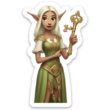 an elf woman login holding a big key sticker