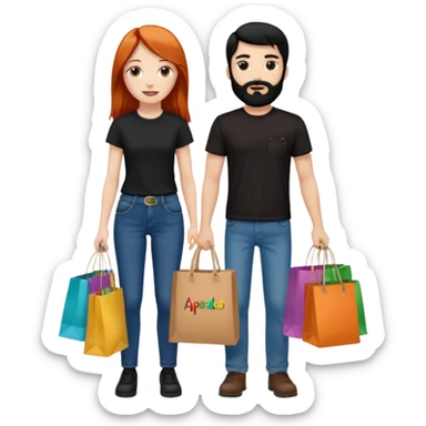 Chica blanca con cabello cobrizo largo y chico con cabello y barba negra los dos de contextura media los dos vestidos de jeans y camiseta negra con bolsas de compras de colores con letrero que diga apartado sticker