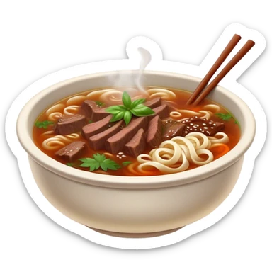 Cinematic Realistic Pho Dish Emoji, depicted as a steaming bowl of aromatic beef noodle soup with herbs rendered with lifelike textures and vibrant, warm lighting. sticker
