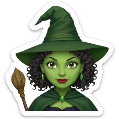 elphaba wicked witch with broom close up, evil dark curly hair, green skin, thick lips, cheekbones, smirk evil menacing cythia erivo sticker