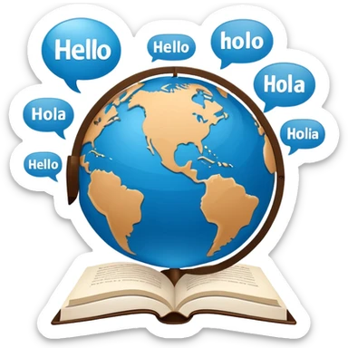 An icon showing a globe surrounded by speech bubbles with greetings in different languages, like 'Hello,' 'Hola,' and 'Bonjour.' The design includes an open book and a quill, symbolizing learning and communication. Transparent background emphasizes global connection through language. sticker