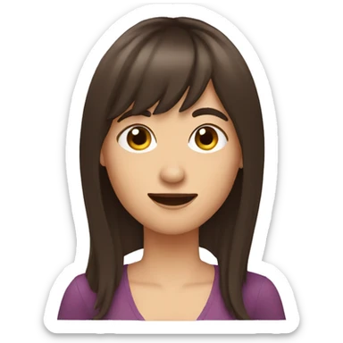 brunette woman with bangs and long hair waving and moustache sticker