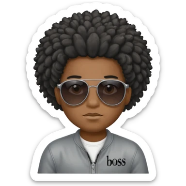 Un garçon,de couleur noir avec des lunettes de soleil grise,il a des cheveux crépus et au dessus de sa tete il est écrit BOUSS  sans qu’on voit ses yeux sticker