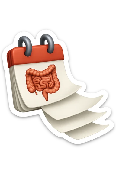 emoji stile iphone di un calendario con fogli che volano insieme, sui fogli ci sono disegnati degli intestini anatomici, iperrealistico 4k, isolato su sfondo bianco sticker