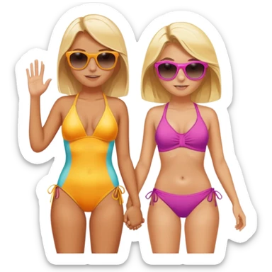 Two blonde girls wearing bathing suits and sunglasses, holding hands, tanning sticker