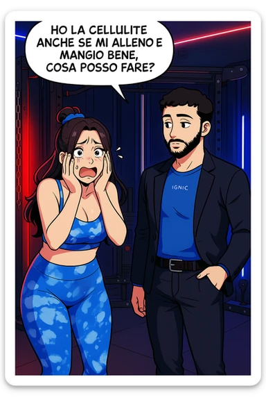 TRASFORMA QUESTO CAROSELLO IN UN FUMETTO STILE WEBTOON/MANGA A COLORI CON QUESTE DUE PERSONE IDENTICHE CHE INTERLOQUISCONO TRA LORO, LA DONNA è DISPERATA CON LE MANI SULLE GUANCE E STA DOMANDANDO TUTTA AGITATA UNA COSA ALL'UOMO:

LEI (DONNA): Ho la cellulite anche se mi alleno e mangio bene, cosa posso fare? sticker