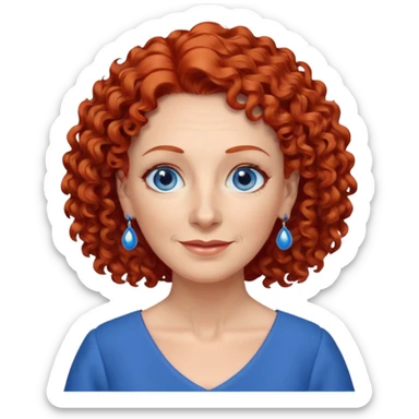 una profesora mayor simpática con el pelo rojo rizado, ojos azules, vestido azul y pendientes azules sticker
