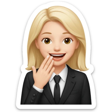 a white girl in a formal suit laughs, covers his mouth with his hand sticker