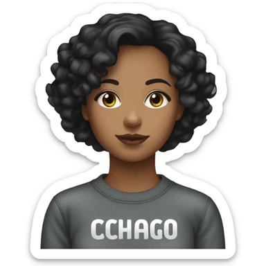 Girl with mid length curly black hair wearing a black Chicago sweatshirt sticker