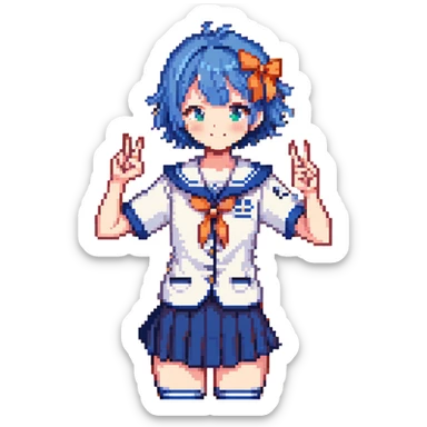 Pixel art energetic anime girl with short blue hair wearing Japanese sailor style school uniform, striking a victory pose, very cheerful sticker