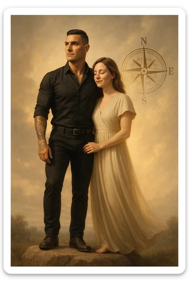 Uomo tra i 35 e i 45 anni in piedi accanto alla sua compagna, in uno spazio calmo e simbolico. Lui guarda avanti con sguardo deciso, postura ferma, braccia rilassate ma solide, mentre la donna al suo fianco si sente protetta e leggera, con un’espressione serena. Intorno all’uomo, simboli di direzione e stabilità (bussola, luce calda, pietra solida sotto i piedi). La donna ha una luce morbida attorno, come se fosse alleggerita dalla presenza maschile. Ambientazione naturale o metaforica. Stile realistico, con tocchi simbolici. Tono calmo, profondo, ispirazionale sticker