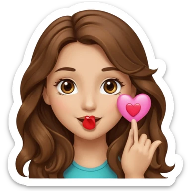 girl with long wavy brown hair, brown eyes, light to medium complexion, long lashes, blowing a kiss sticker