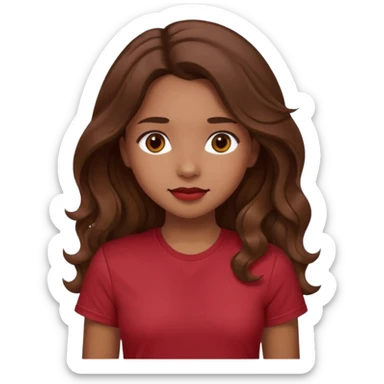 Very light brown girl with long wavy brunette hair and blush, wearing dark red tshirt sticker