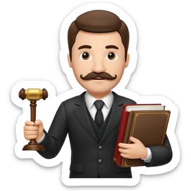 Create a male lawyer. he is wearing a fromal suit jckeret. He is holding a gavel in one hand and a book tucked under his another arm. He has a mustache and BEARD both! sticker