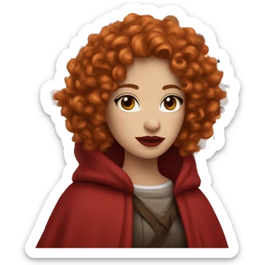 Create an Emoji Girl, red curly hair, red lipstick, white skin, brown eyes, red cloak sticker