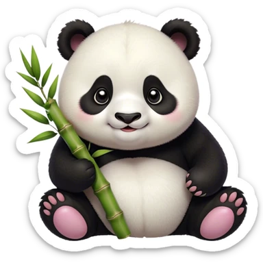 Cinematic smiling chubby panda, fluffy black and white fur, round rosy cheeks, tiny paws holding a bamboo shoot, sparkling eyes full of joy, soft glowing background, irresistibly huggable. sticker