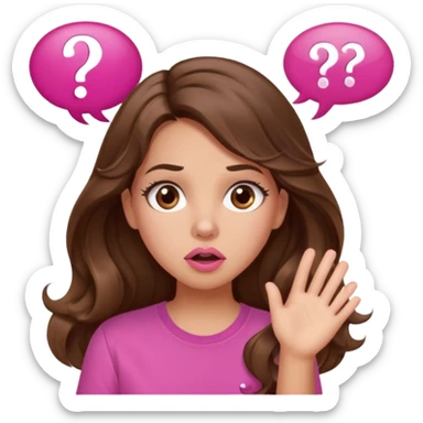 girl with long wavy brown hair, brown eyes, light to medium complexion, in a pink shirt, pink lips, long lashes, surprised, question mark speech bubble sticker