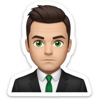 Robbie Williams with dark brown hair, green eyes, suit sticker