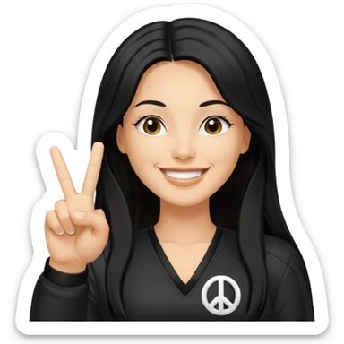 white adult woman in a y2k outfit, long black hair, making a peace sign sticker