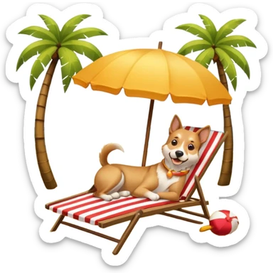 a dog laied on a beach chair, a sunny beach, a sun umbrella, and beach coconut trees. the icon should capture the essence of a relaxing beach vacation with a carefree atmosphere sticker