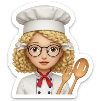 blonde girl with curly hair and glasses with a Mexican hat and chefs uniform sticker
