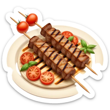 Cinematic Realistic Souvlaki Dish Emoji, showcasing skewered, grilled meat with Mediterranean spices rendered with dynamic textures and warm, appetizing lighting. sticker