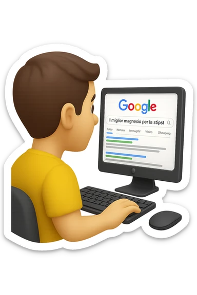 emoji stile iphone di un uomo davanti al pc che cerca di google: "Il miglior magnesio per la stipsi", iperrealistico 4k sticker