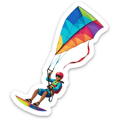 A vibrant kite soaring high in the sky, attached to a kiteboarder riding the waves below. The scene is filled with bright colors, capturing the energy of the sport. The background features the ocean, wind-blown waves, and a clear sky, showcasing the excitement and freedom of kiting. sticker