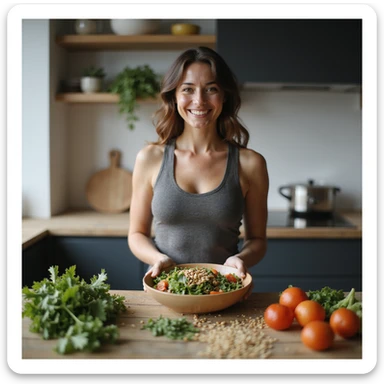 Woman with balanced physique, smiling while preparing a colorful salad with fresh vegetables, whole grains, and seeds, hyperrealistic 4K details, modern kitchen environment. Variant 3. sticker