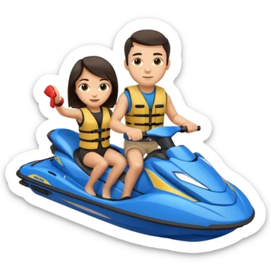 Light tan male dark hair & light tan female dark hair on a blue jet ski no sunglasses sticker