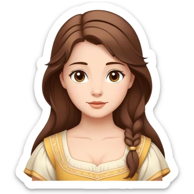 Cinematic Serene Belle Portrait Emoji, rendered in a simplified vector style. Depict a gentle Belle (chest and above) with fair, glowing skin, softly cascading brown hair, and a calm, inviting expression, dressed in her traditional village dress. The image exudes a soft, luminous glow and is outlined with a subtle, warm light. sticker