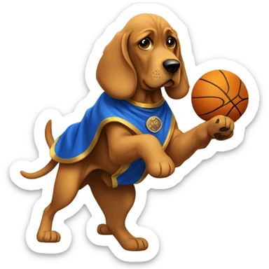 A bloodhound with a blue and Gold cape spinning a basketball on its paw! sticker
