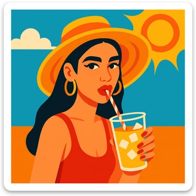 Dua Lipa sipping a cold drink, summer hat, bright, sunny background sticker
