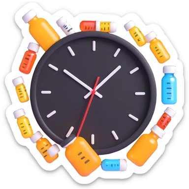 wall clock with pills around it and a syrup bottle, 3D emoji style sticker