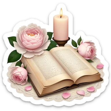A beautifully aged book of poetry, open beside a softly glowing candle, with scattered blush pink rose petals and white peony blossoms decorating the vintage lace-covered surface.
 sticker