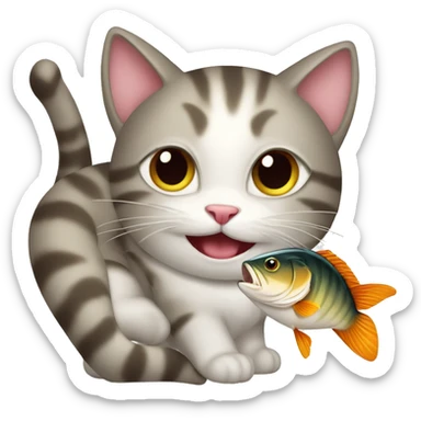 happy cat holding a fish it just caught sticker