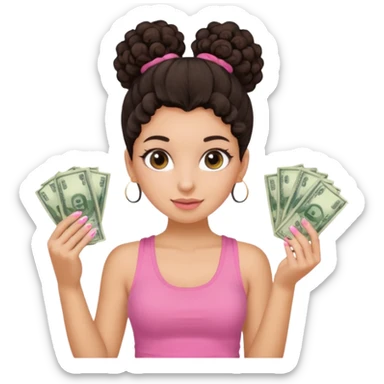 Uma menina com o cabelo cacheado com um Coque morena, e com uma regata rosa com unha em gel, é com Baby hair ,e com dinheiro na mão , sticker