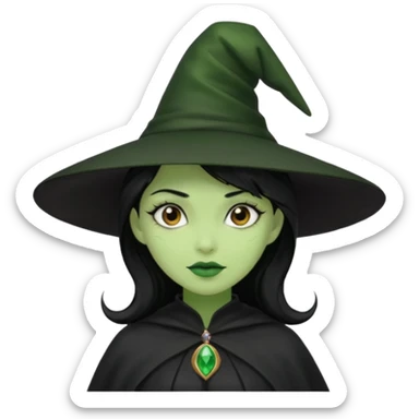 A green girl with black hair and a black witch hat sticker