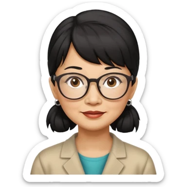 filipino woman black hair in one pony tail with straight bangs and big glasses, 60 yr old

 sticker