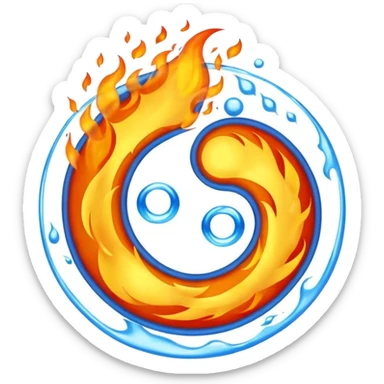 The fire and water emojis are in the form of the yin-yan symbol in front of a completely black background. sticker