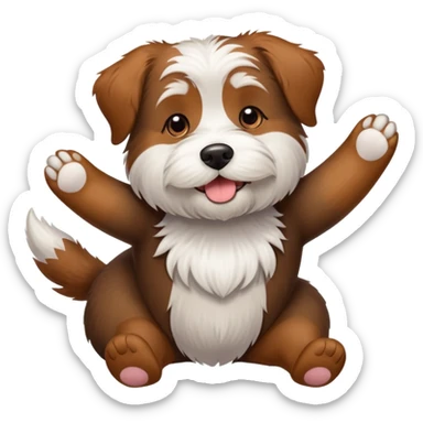 A wire haired brown, black, and rust dog with a white bearded chin laying with its arms up as if to say “pet my belly” sticker